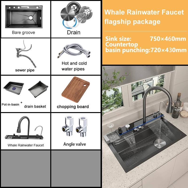 Waterfall Sink Digital Display Faucet Wash Dish Vegetables