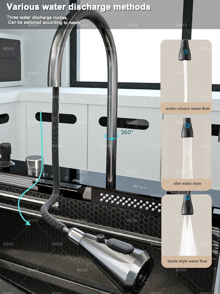 Waterfall Stainless Steel Sink Digital Display Faucet Wash