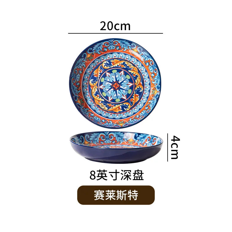Bohemian Deep Ceramic Plate Dinnerware High-Quality Appearance