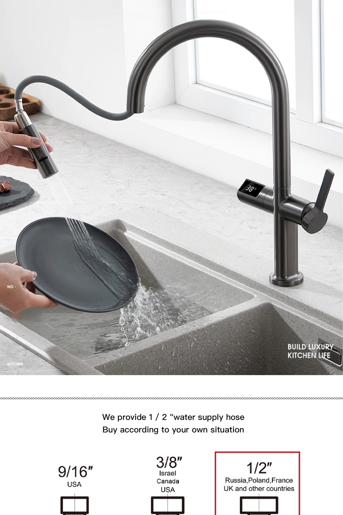 Luxury Brass Gun Gray Faucet Led Digital Sensing