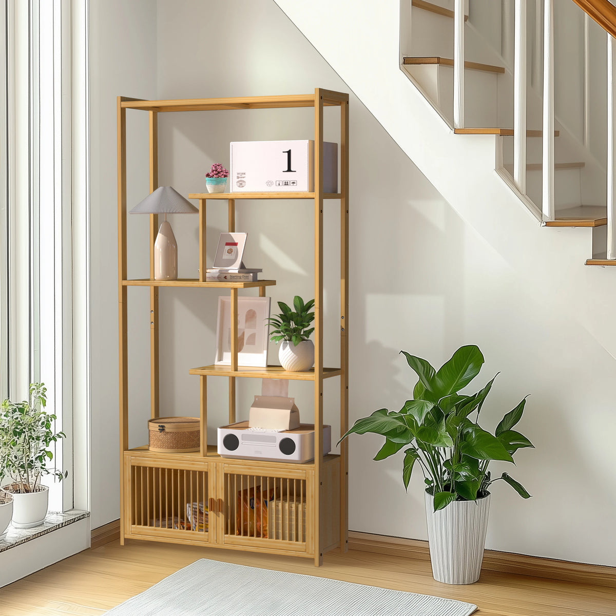 Bamboo Storage Rack Shelving Unit High Low Shelves