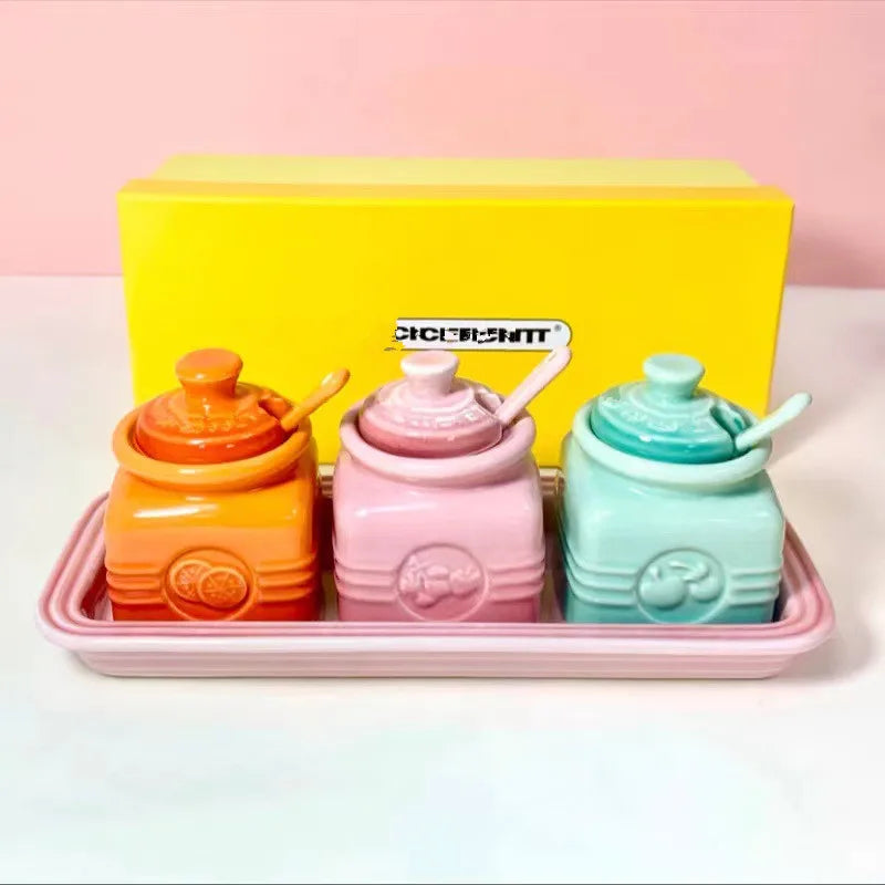 3pcs Ceramic Spice Container Storing Salt Sugar Pepper