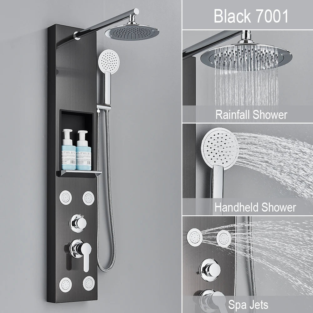 Black Shower Panel Storage Rack Rainfall Shower Faucet