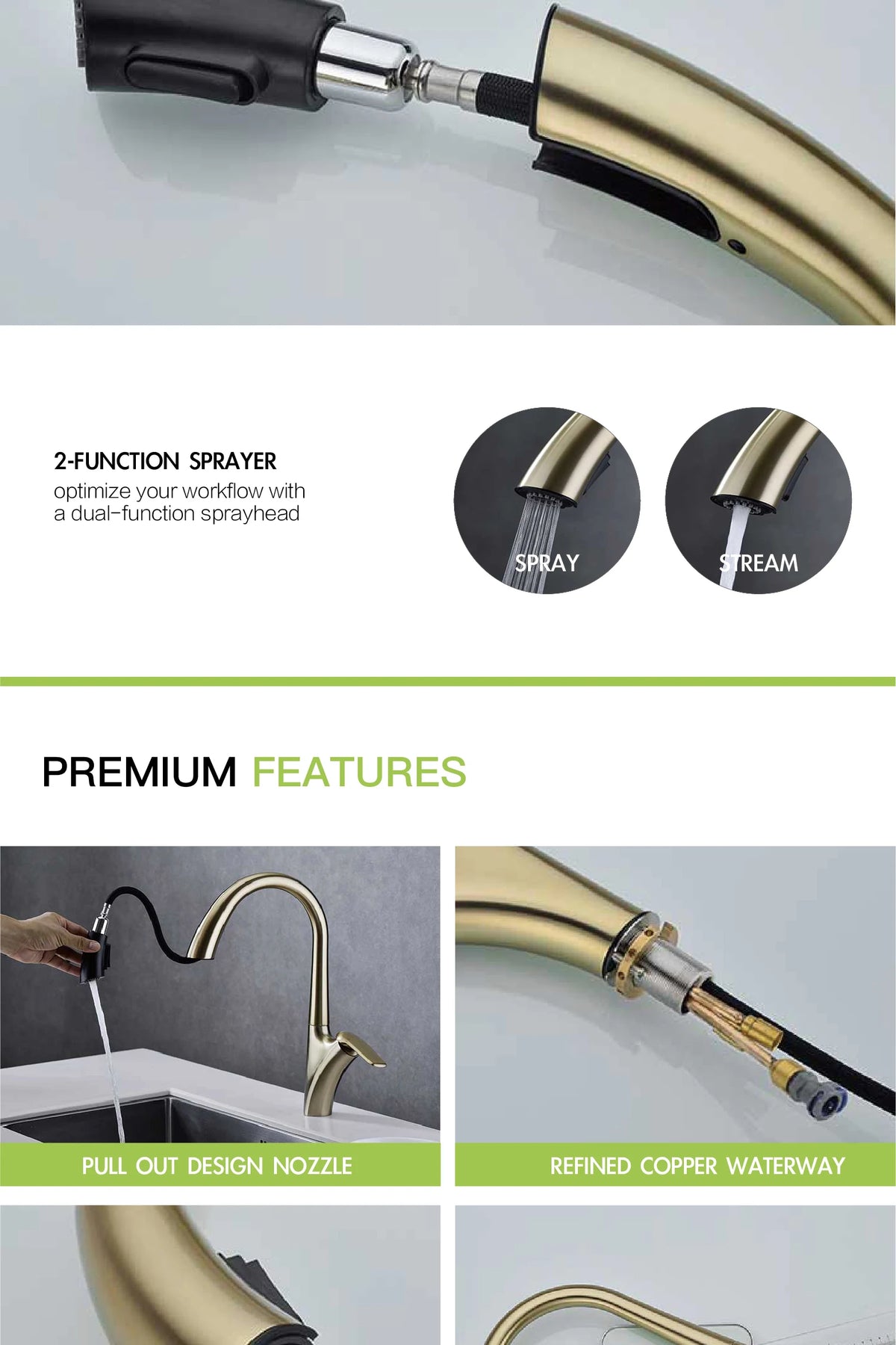 Luxury Brushed Gold Brass Faucet Pull-Out Design 2-Function
