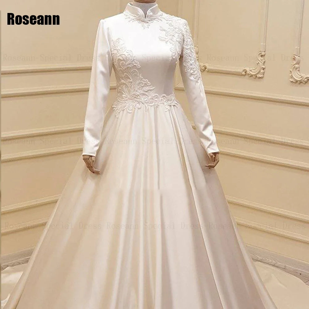 Customized Muslim High Collar A-Line Wedding Dresses Full