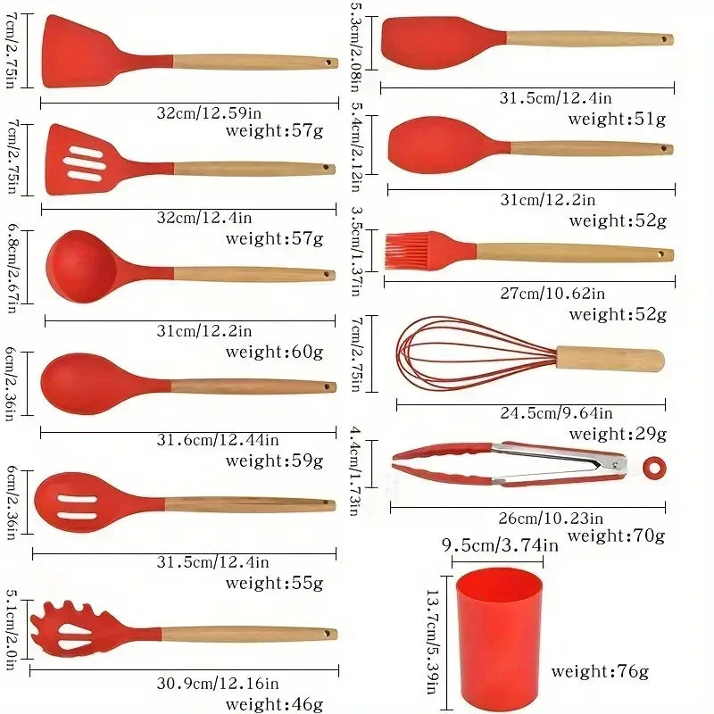 12pcs Of Multi-Color Silicone Wooden Handle Kitchenware Non