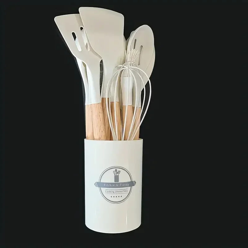 12pcs Of Multi-Color Silicone Wooden Handle Kitchenware Non