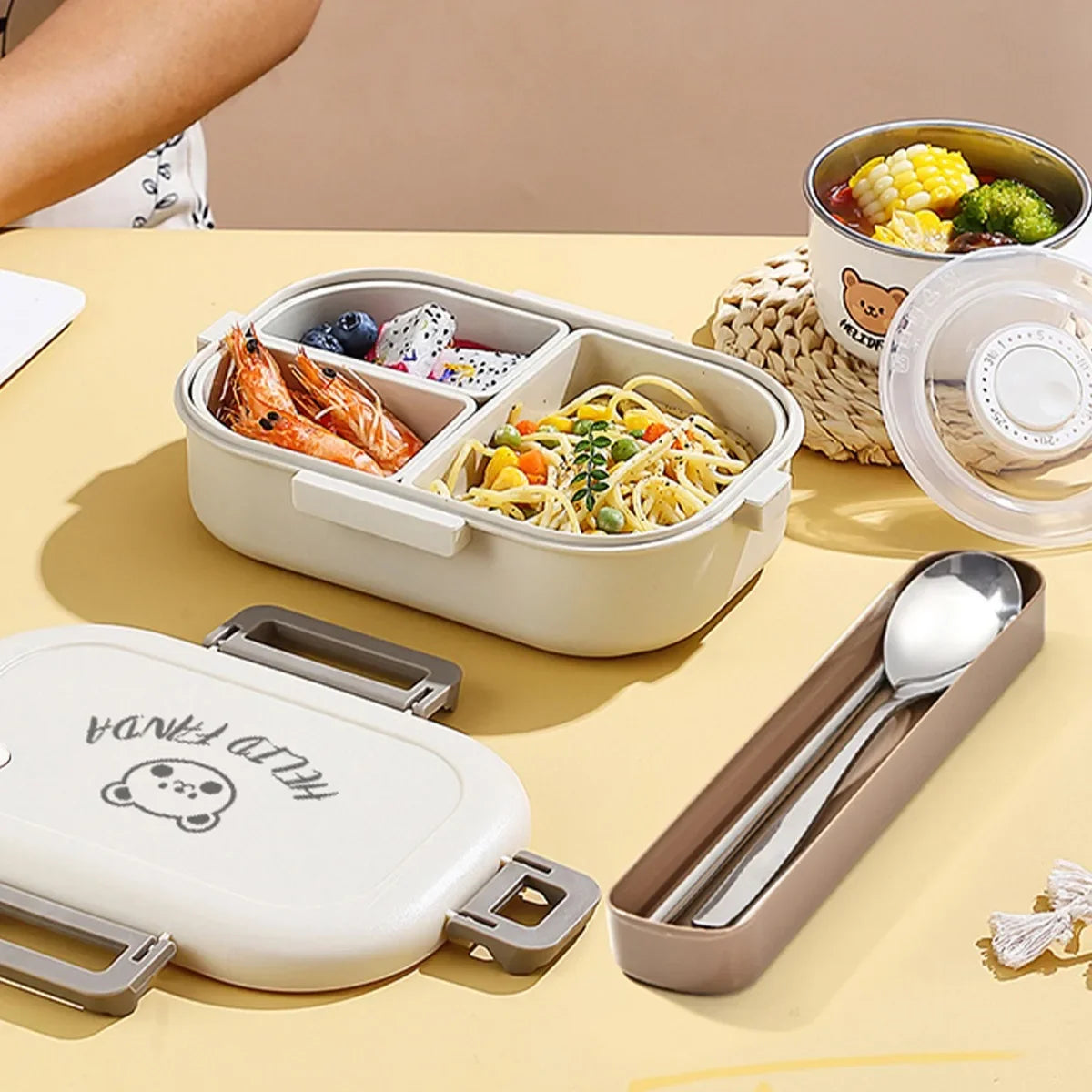 Cute Bear Plastic Divided Food Container Leak-Proof Detachable