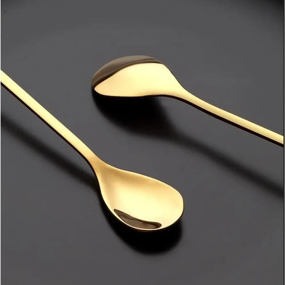 6pcs/Set Long Handle 4-Inch Leaf Teaspoons Gold Stainless