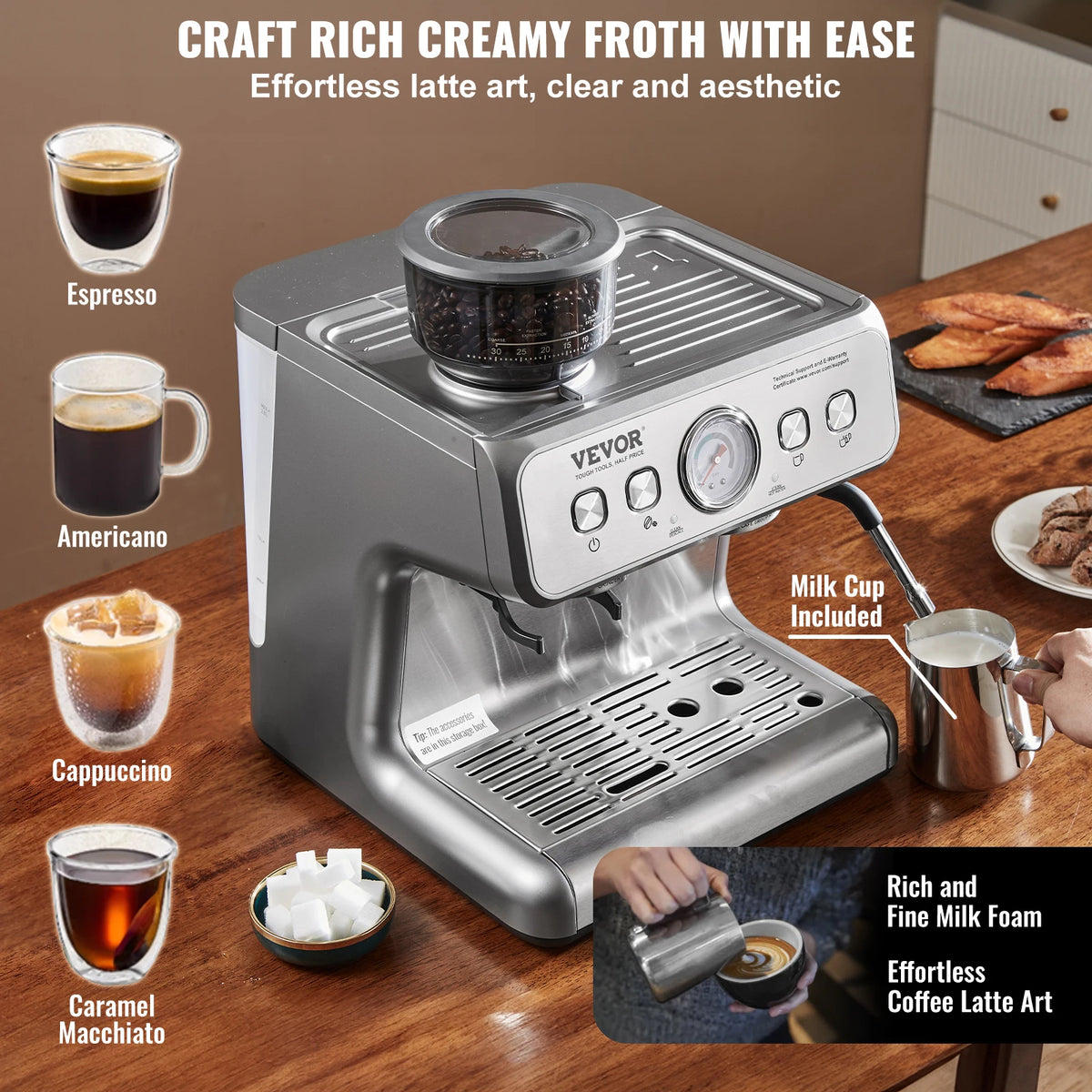 Succebuy Espresso Machine Grinder 15 Bar Semi-Automatic Espresso