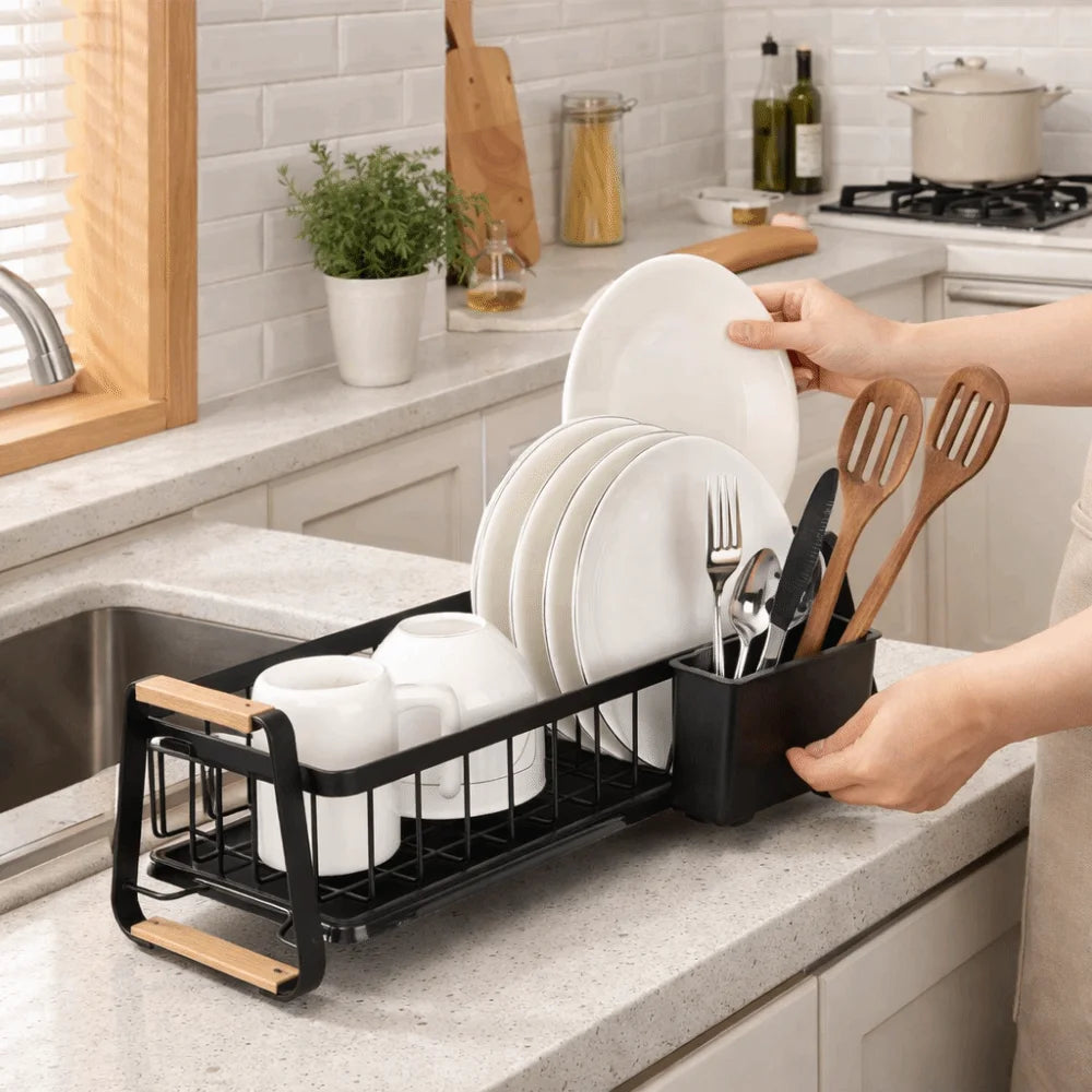 Detachable Dish Rack Wooden Handle Large Capacity Dish