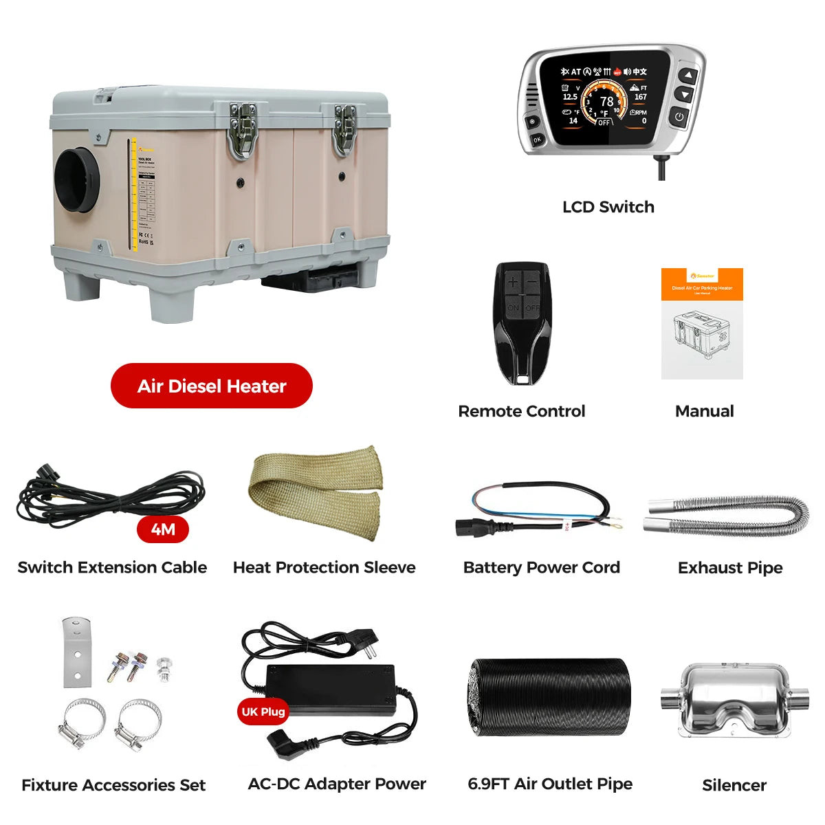 8kw 12v/220v Diesel Air Heater W/ Self-Cleaning &