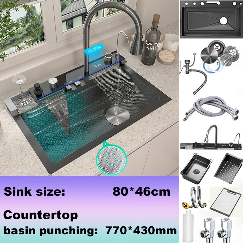 Stainless Steel Sink Large Slot Waterfall Digital Display