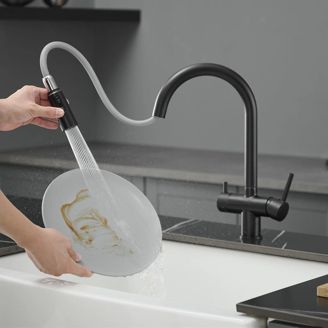 Brushed Gold Pull Out Filter Faucet Sink Mixer