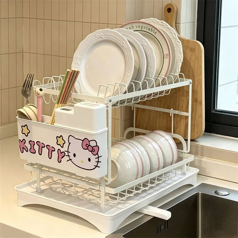 Cute Hello Kitty 2-Tier Dish Drying Rack Drain