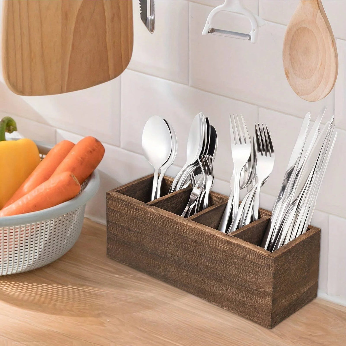 Wood Cutlery Caddy Utensil Organizer Compartments Silverware