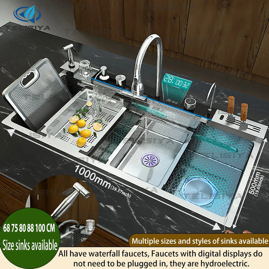 Stainless Steel Sink Digital Display Waterfall Large Slot