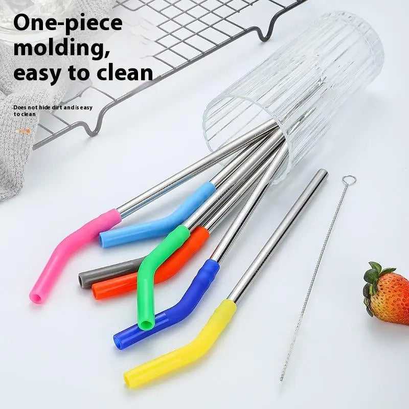 1set Long Stainless Steel Straw Silicone Straw Sleeve