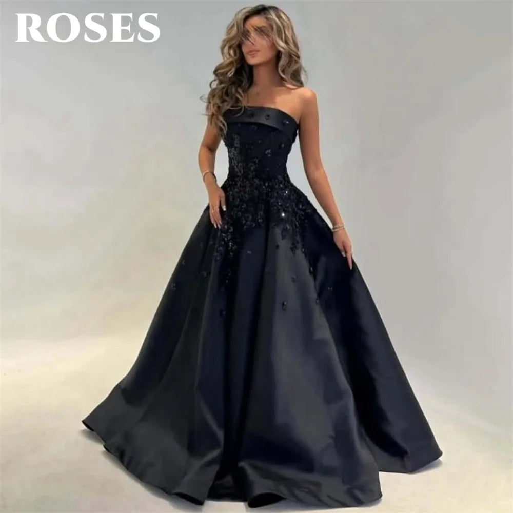 Roses Black Formal Dress Stain Strapless Party Dress
