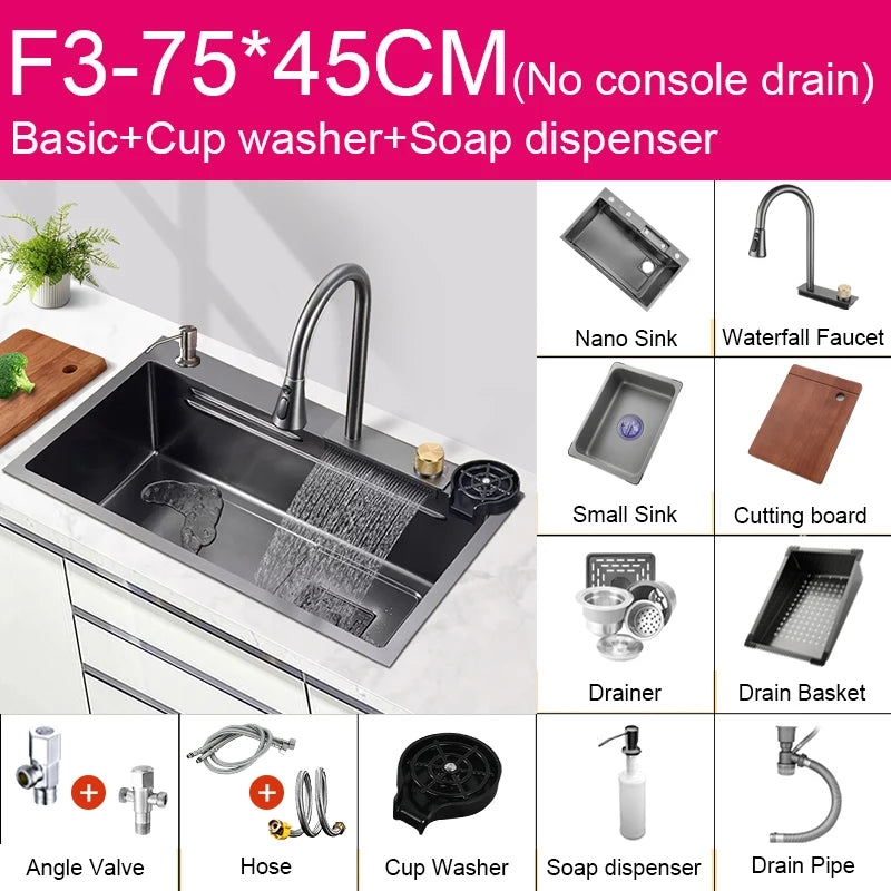 Black Nano Sink Waterfall Faucet Large Bowl Cup