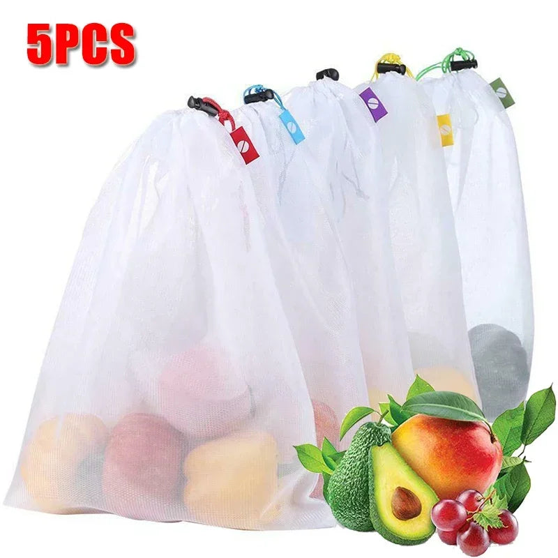 5pcs Fruit Vegetable Storage Mesh Bags Reusable Net