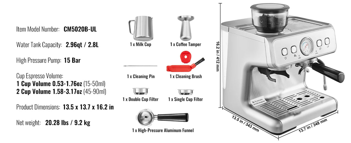 Succebuy Espresso Machine Grinder 15 Bar Semi-Automatic Espresso