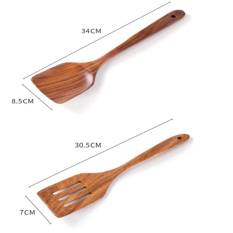 2pcs Wooden Spatula Acacia Wood Long Handle Flat