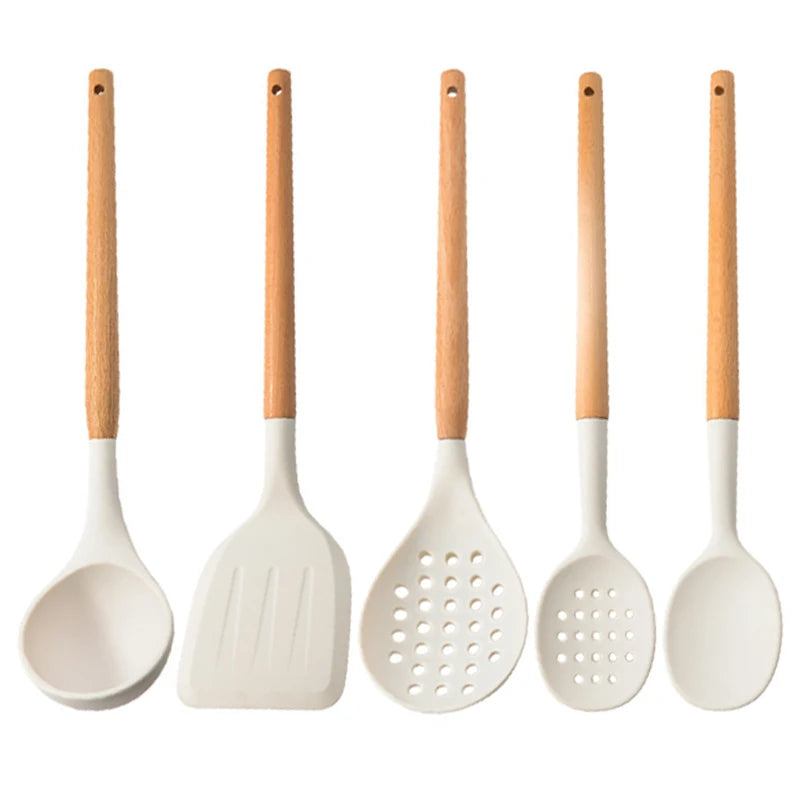 White Silicone Wooden Handle Soup Spoon Spatula Brush