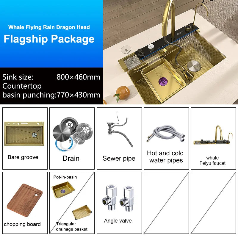 Stainless Steel Golden Sink Waterfall Outlet Slot Piano