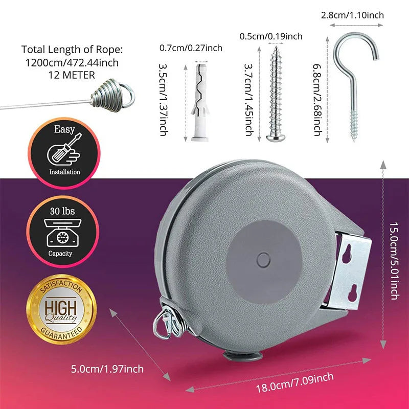 12m Retractable Clothesline Adjustable Telescopic Invisible