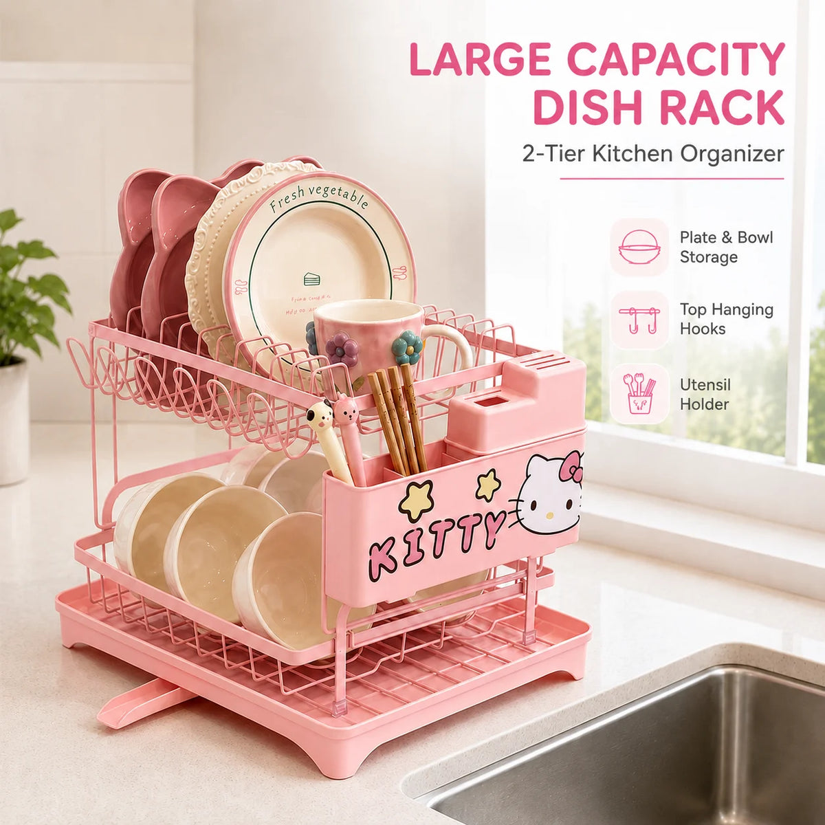Cute Hello Kitty 2-Tier Dish Drying Rack Drain