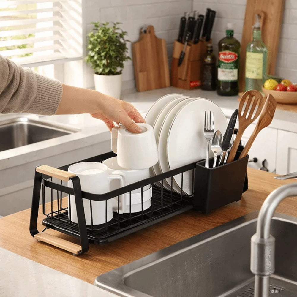 Detachable Dish Rack Wooden Handle Large Capacity Dish