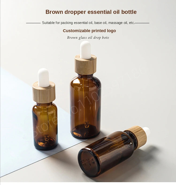 5ml-100ml Dropper Bottle Bamboo Wood Lid Brown Glass