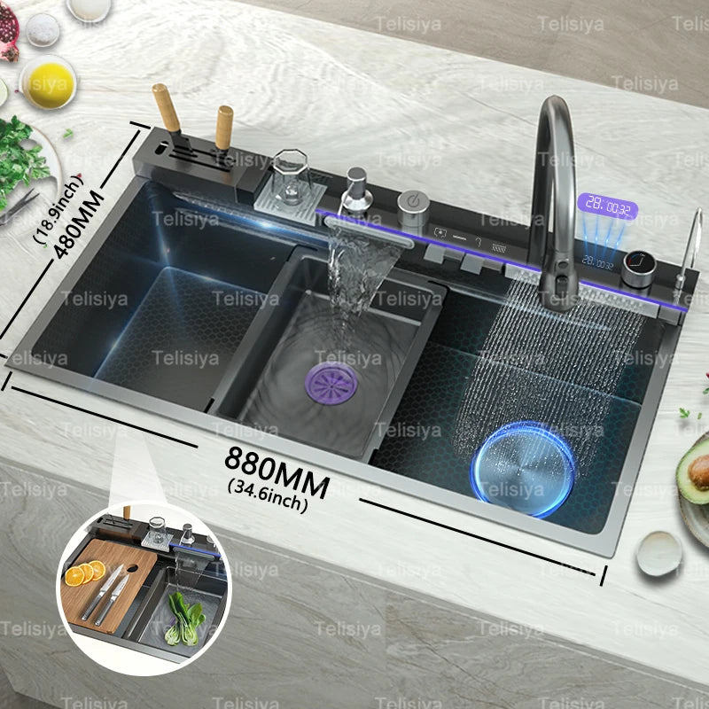 Stainless Steel Sink Digital Display Waterfall Large Slot
