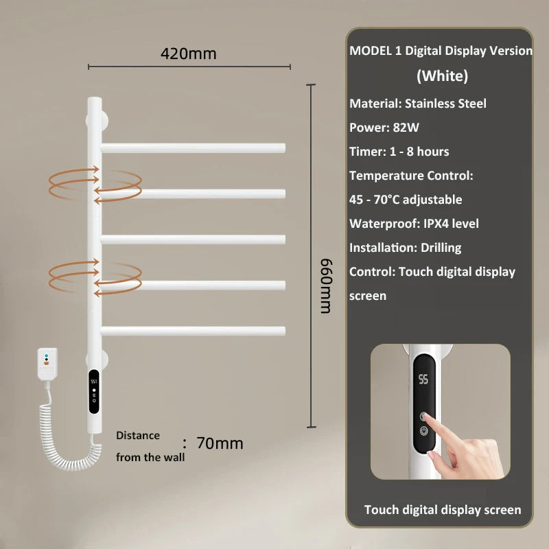 Electric Heated Towel Rack Rotating Bathroom Wall Mounted