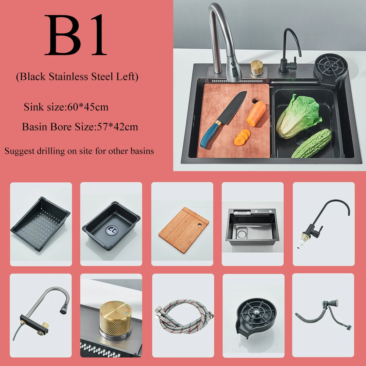 Stainless Steel Waterfall Sink Digital Display Large Sink
