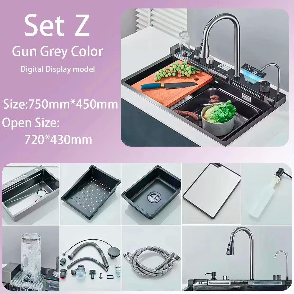 Stainless Steel Waterfall Sink Digital Display Large Sink