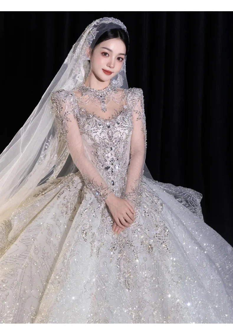 Full Sleeve Wedding Dresses Shinny Wedding Dress Classic