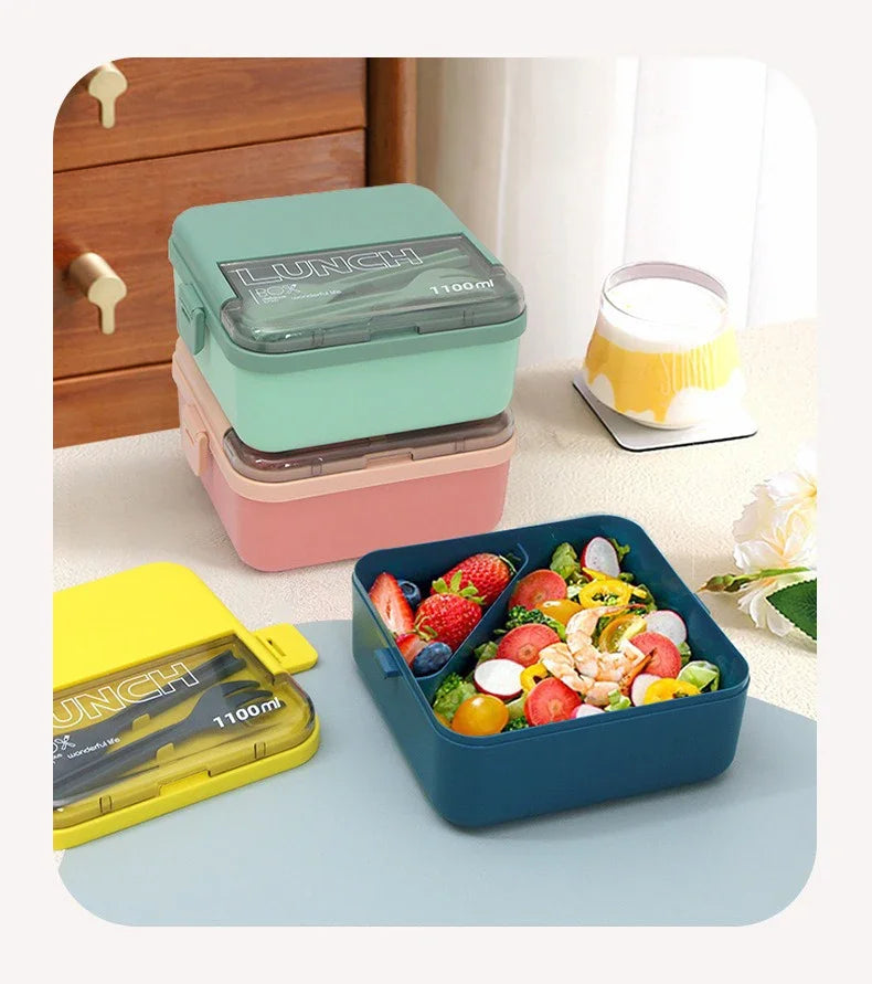 Justinlau 1100/1800ml Layer Compartment Lunch Box Kids Fork