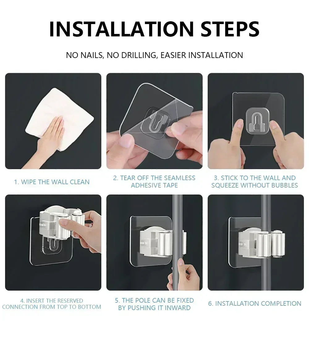 Mop Broom Holder Storage Rack Adhesive Hooks Wall
