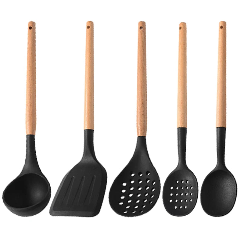 White Silicone Wooden Handle Soup Spoon Spatula Brush