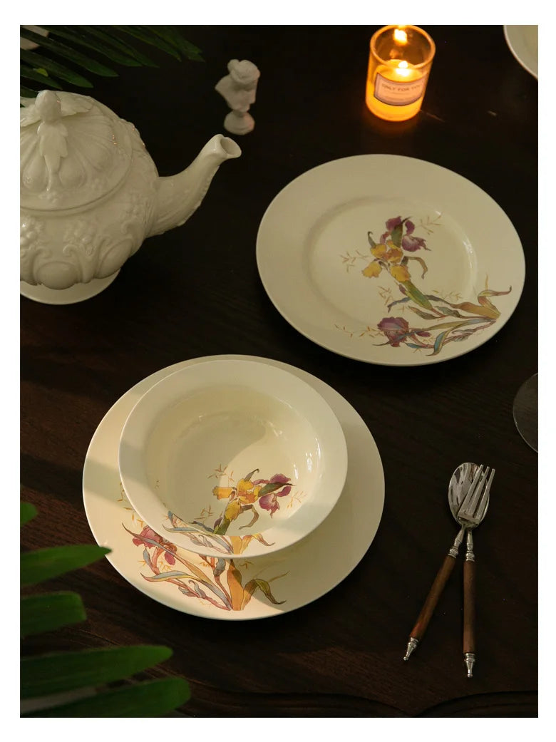 Ceramic Dinner Plate French Iris Dessert Bowl Dishes