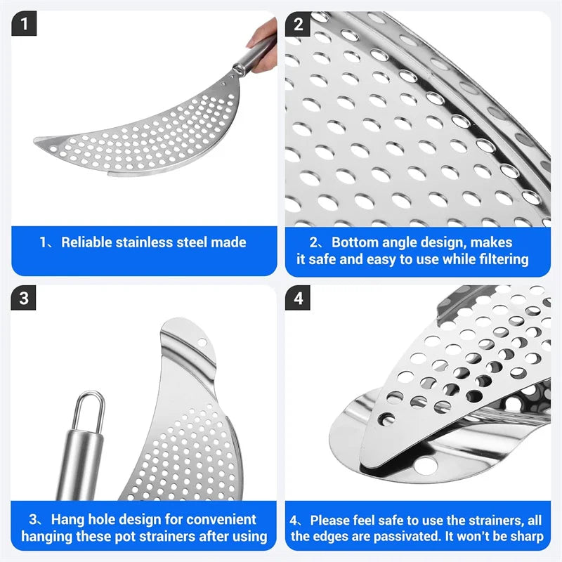 Stainless Steel Pot Strainer Colander Handle Held Crescent