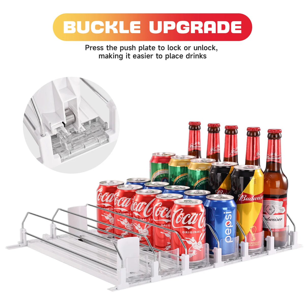 Soda Can Dispenser Automatic Pusher Glide-Holds Rows Canned