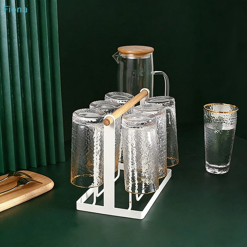 6-Cup Glass Cup Drying Rack Wooden Handle Countertop