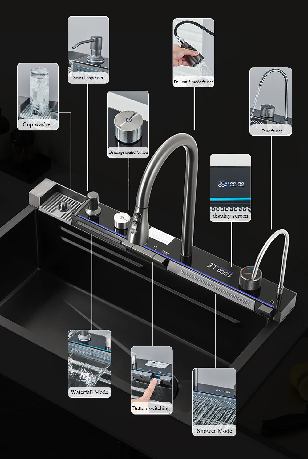 304 Stainless Steel Waterfall Sink Digital Display Large