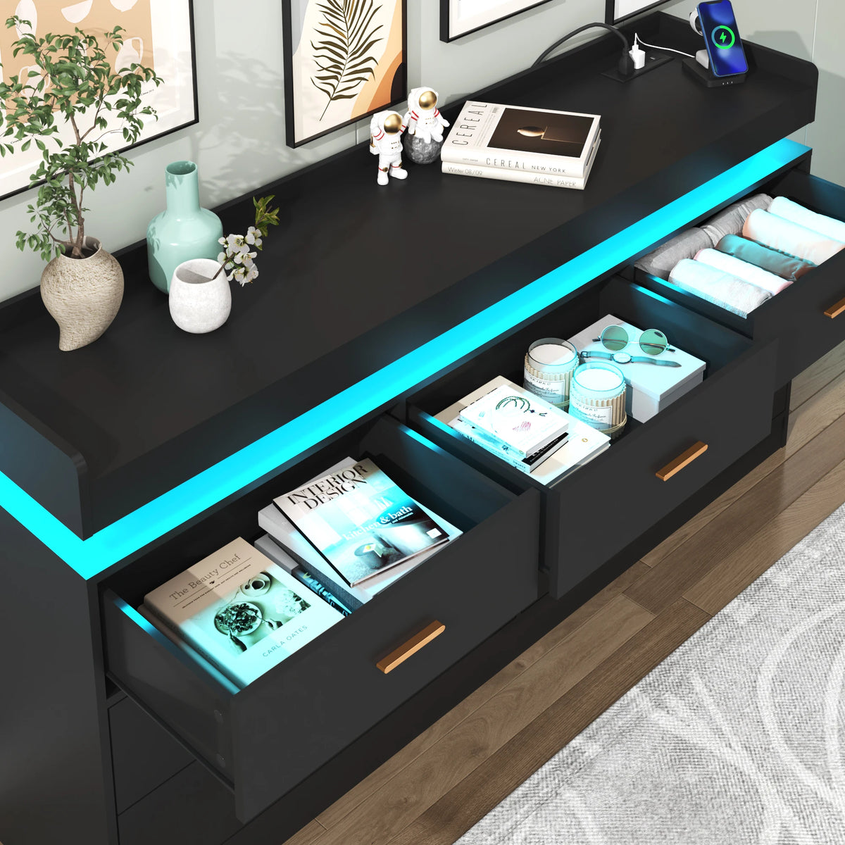 Drawer Dresser Led Light Charging Station Modern Chest