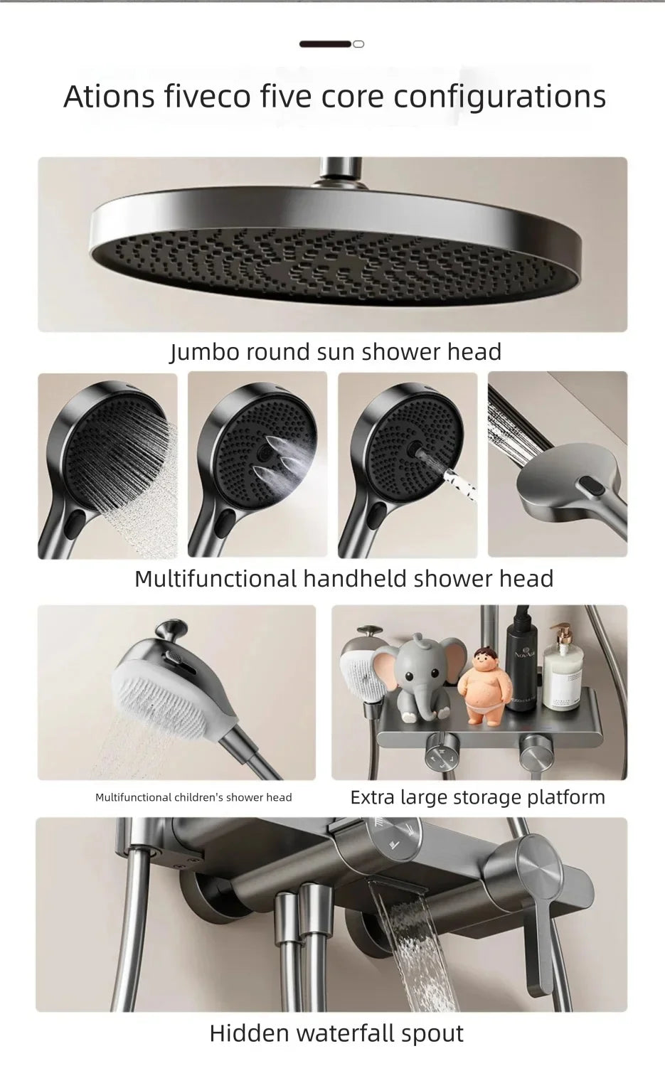 Bathroom Aluminum Gunmetal Gray Shower Silicone Brush Head