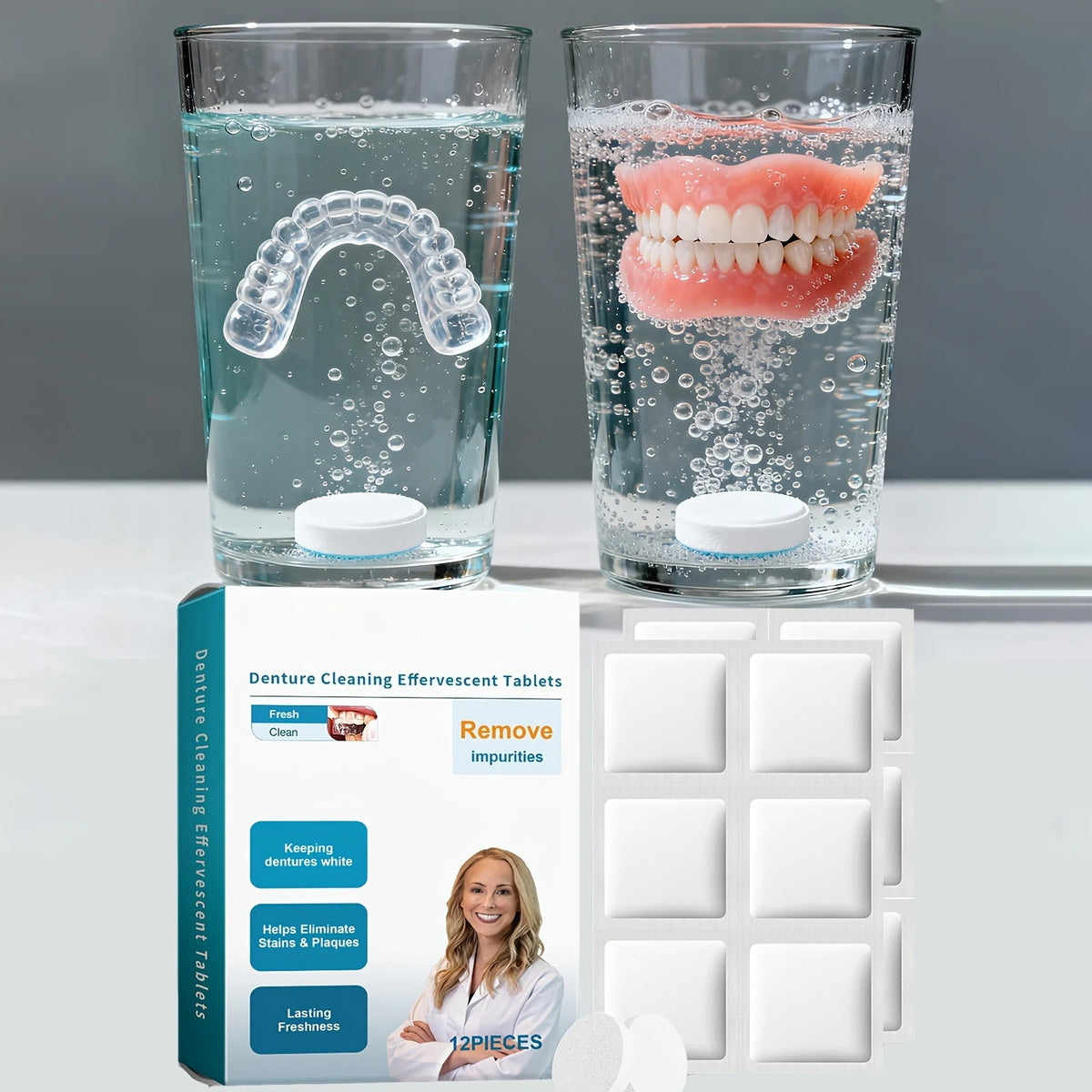 12 Pieces Cleaning Tablets Kit Effervescent Soak Case