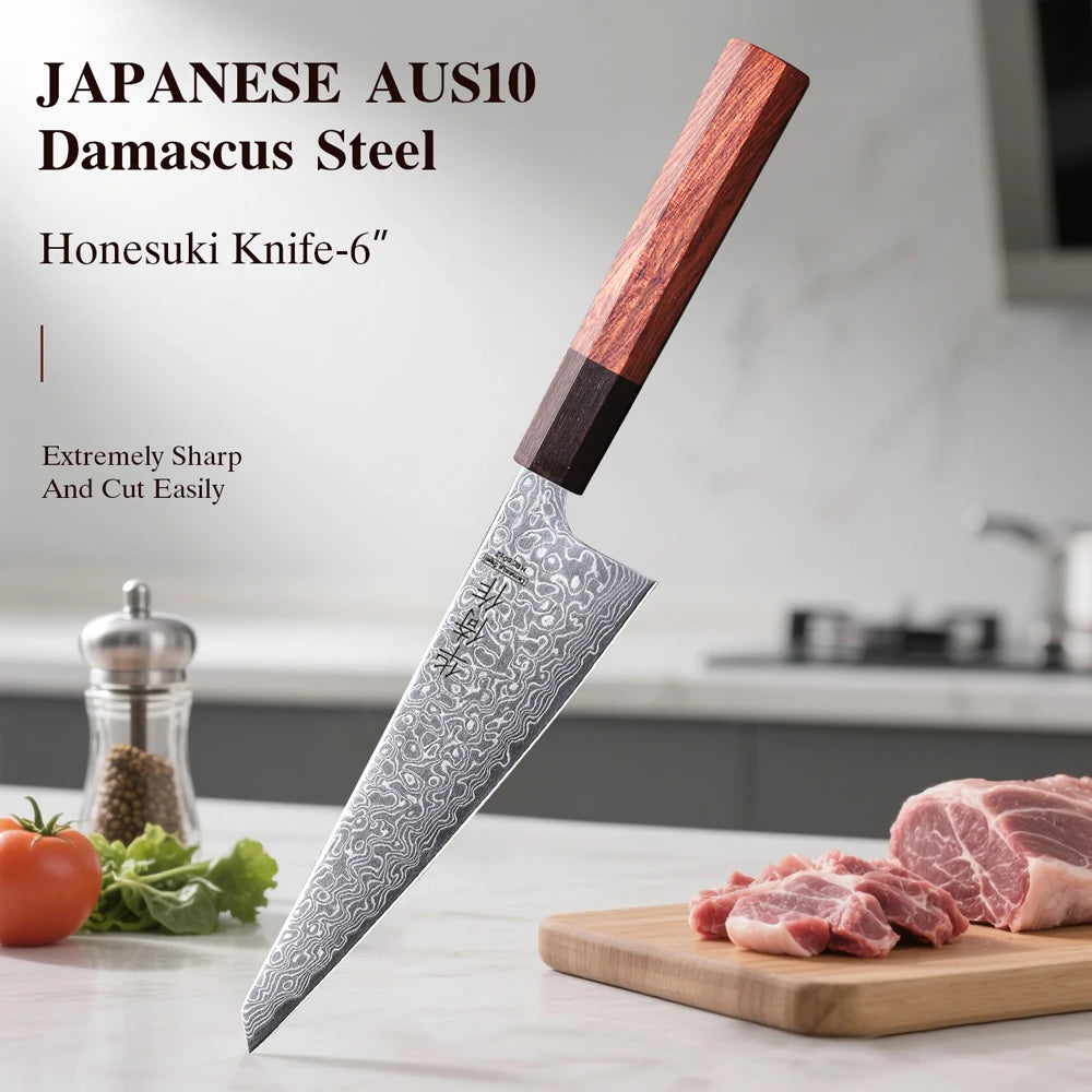 6-Inch Japanese Handmade Honesuki Chef Knife Damascus Steel